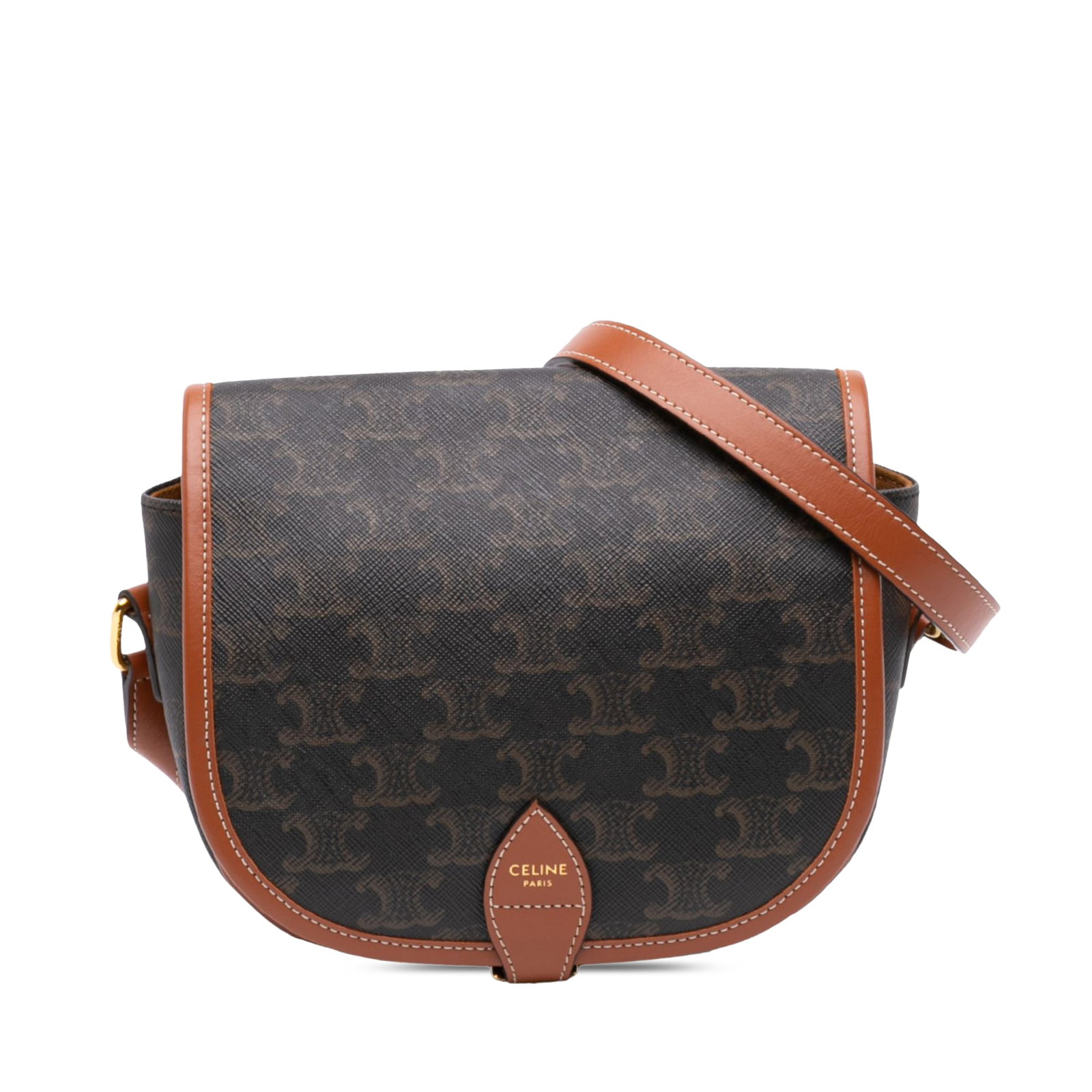 Celine Folco Medium Triomphe Crossbody in Coated Canvas: Celine Folco Medium Triomphe Crossbody in Coated Canvas A Celine Medium Triomphe Folco crossbody bag crafted with a coated canvas body and leather trim. This crossbody design features an adjustable fl