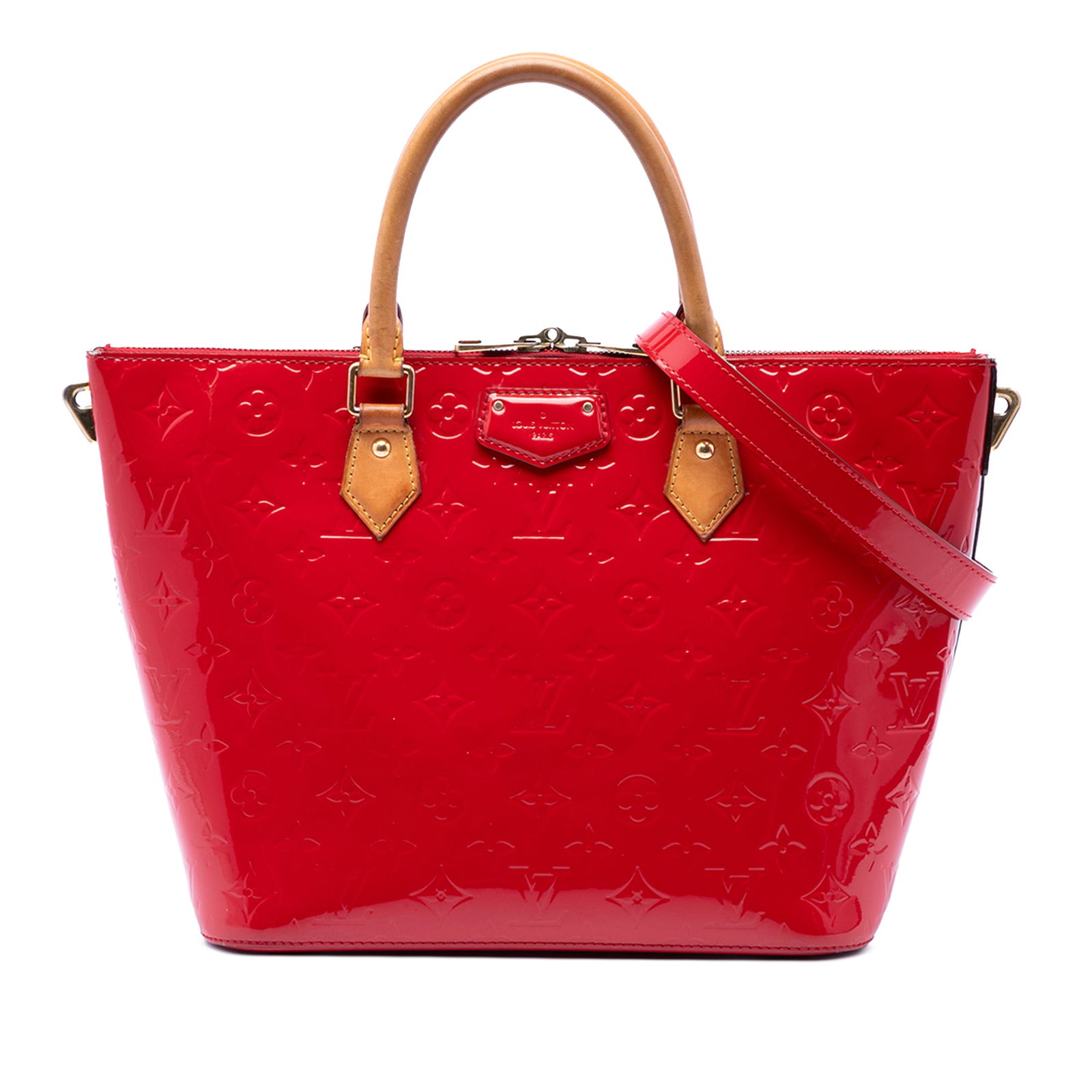 Louis Vuitton Montebello MM Monogram Vernis Red Leather Handbag: Louis Vuitton Montebello MM Monogram Vernis Red Leather Handbag A Louis Vuitton Monogram Vernis Montebello MM handbag crafted with a monogram vernis leather body, rolled vachetta leather handles, and 