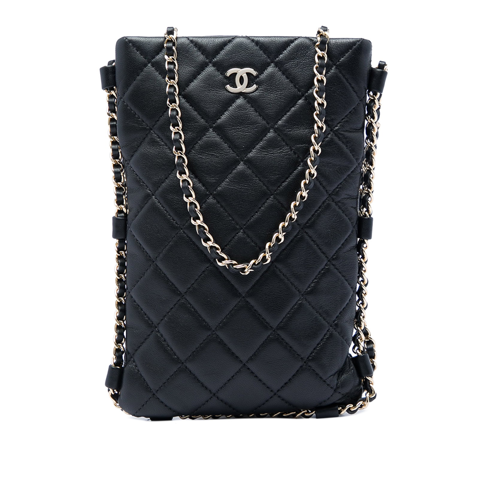 Chanel Chain Around Phone Holder Crossbody in Quilted Black Lambskin: Chanel Chain Around Phone Holder Crossbody in Quilted Black Lambskin A Chanel CC Quilted Lambskin Chain Around Phone Holder Crossbody in black lambskin leather. This compact crossbody features a quilt