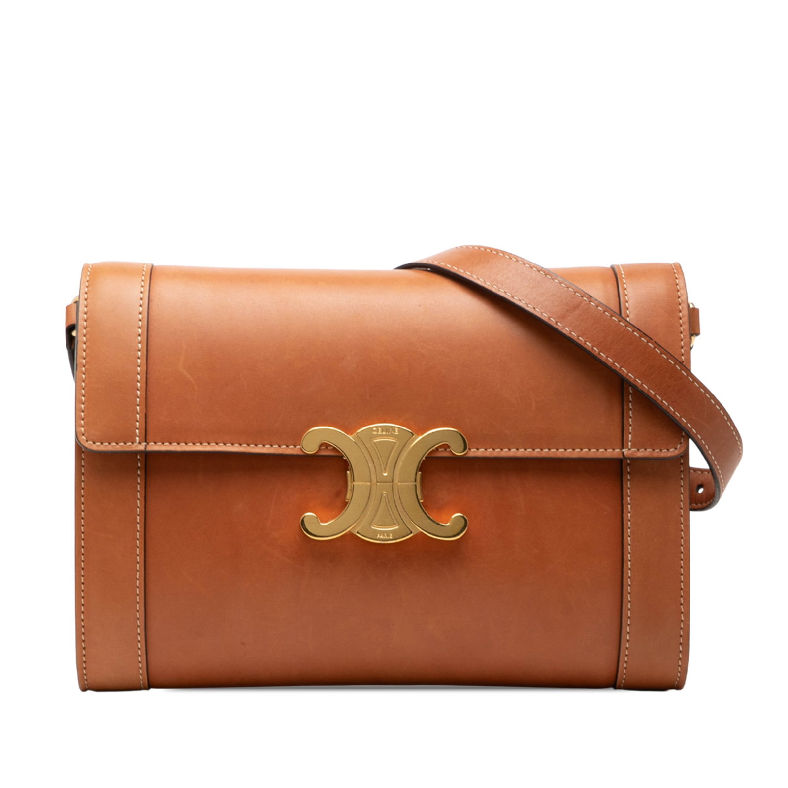 Celine Triomphe Leather Crossbody Bag Brown Made in Italy: Celine Triomphe Leather Crossbody Bag Brown Made in Italy Celine Triomphe crossbody bag crafted in calfskin leather with an adjustable flat leather strap, front flap, spring buckle closure, and an int