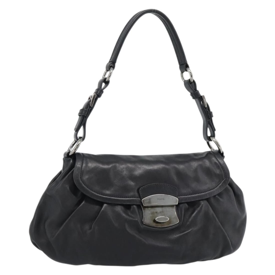 PRADA Black Leather Shoulder Bag with Dust Bag Made in Italy: PRADA Black Leather Shoulder Bag with Dust Bag Made in Italy Prada shoulder bag in leather with a black and silver color scheme, made in Italy. It comes with a dust bag and measures approximately 36 c