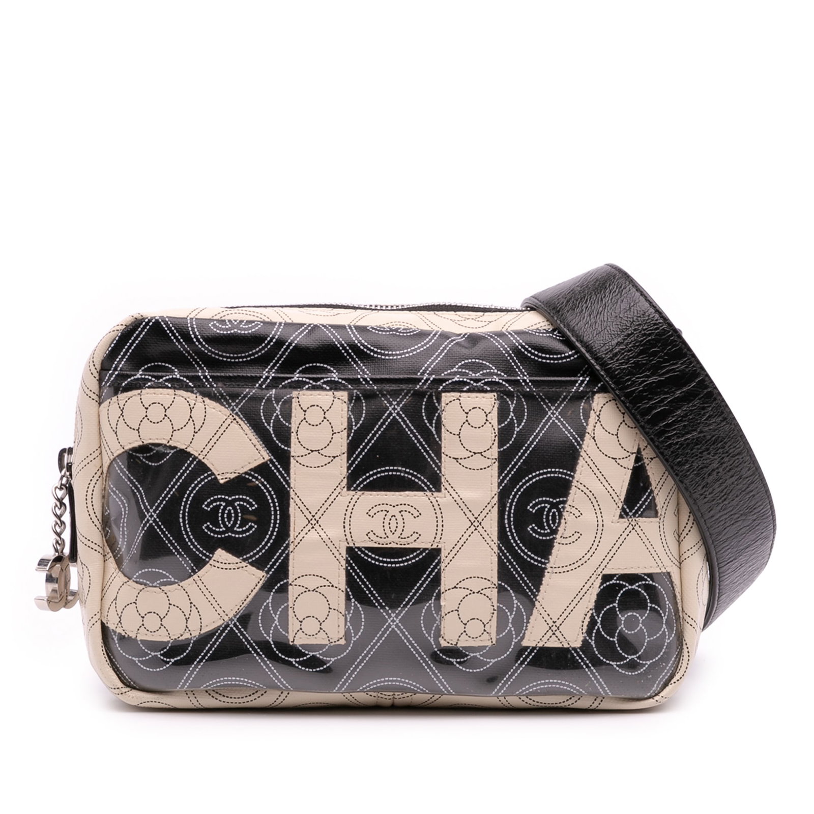 Chanel Coated Canvas Camellia Logo Black Camera Bag: Chanel Coated Canvas Camellia Logo Black Camera Bag This Chanel Coated Canvas Camellia Logo Camera Bag showcases a stylish black printed coated canvas body, designed for functionality and elegance. It