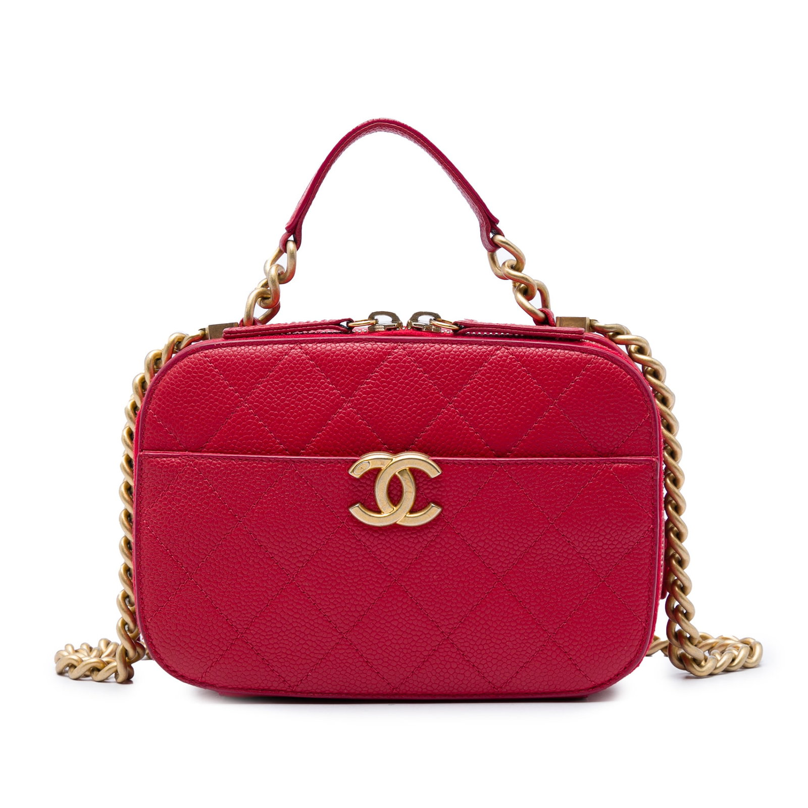 Chanel Small CC Camera Satchel in Red Quilted Caviar Leather: Chanel Small CC Camera Satchel in Red Quilted Caviar Leather A Chanel Small CC Quilted Caviar Top Handle Camera Bag in red caviar leather. This satchel features a flat top handle, a detachable leather