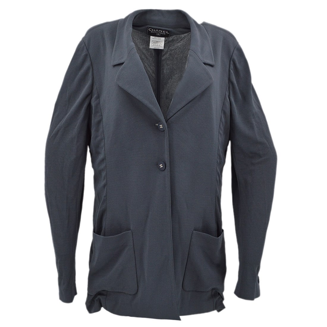 Vintage Chanel Gray Mid Length Jacket Size 44 France: Vintage Chanel Gray Mid Length Jacket Size 44 France Vintage Chanel gray single-breasted jacket with a collared design, long sleeves, and two exterior pockets. Made in France, this mid-length women's 