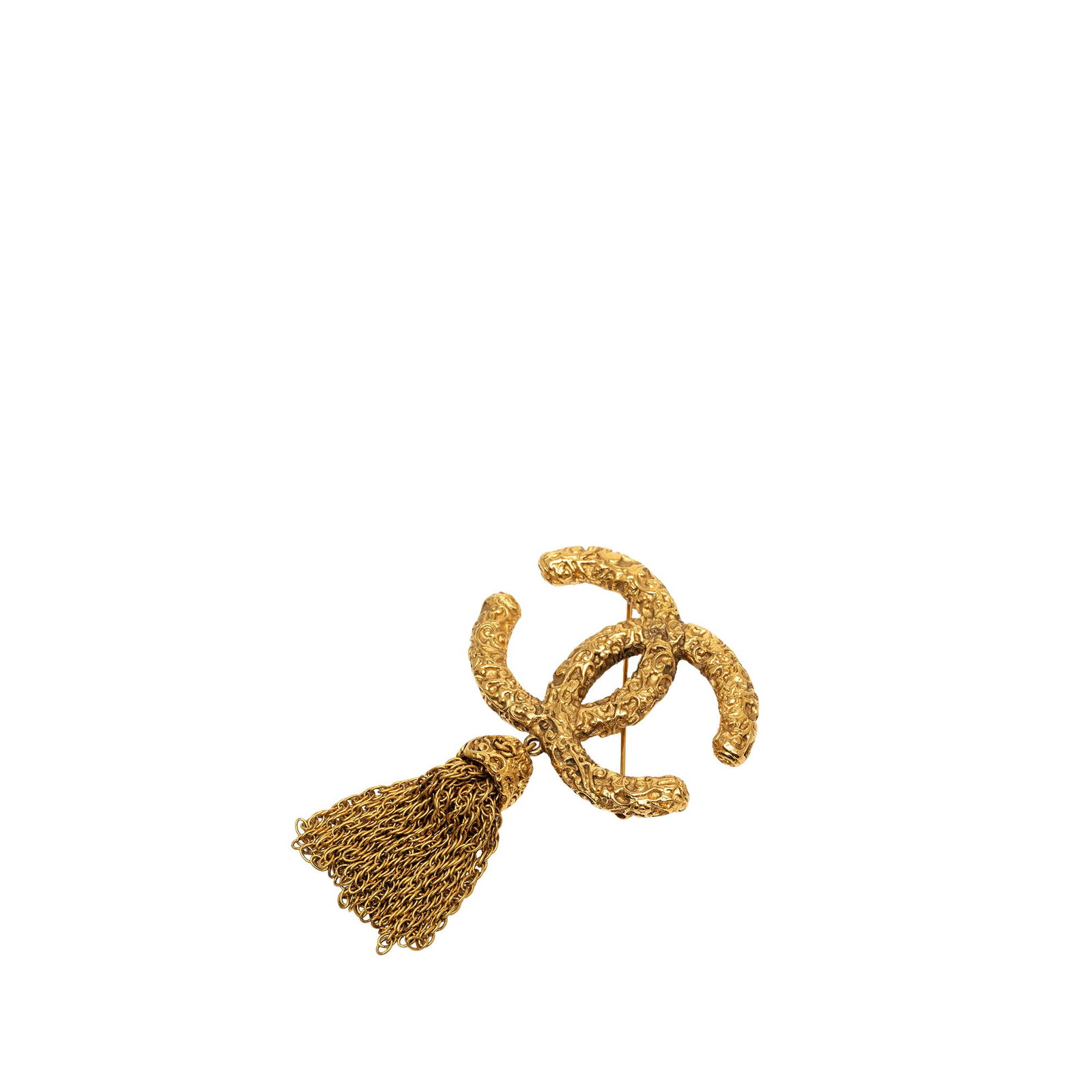 Chanel CC Lava Fringe Tassel Brooch Gold Plated Metal: Chanel CC Lava Fringe Tassel Brooch Gold Plated Metal A Chanel CC brooch with a gold plated metal body and fluid tassel fringe design. This piece features a back pin closure and shows visible wear inc