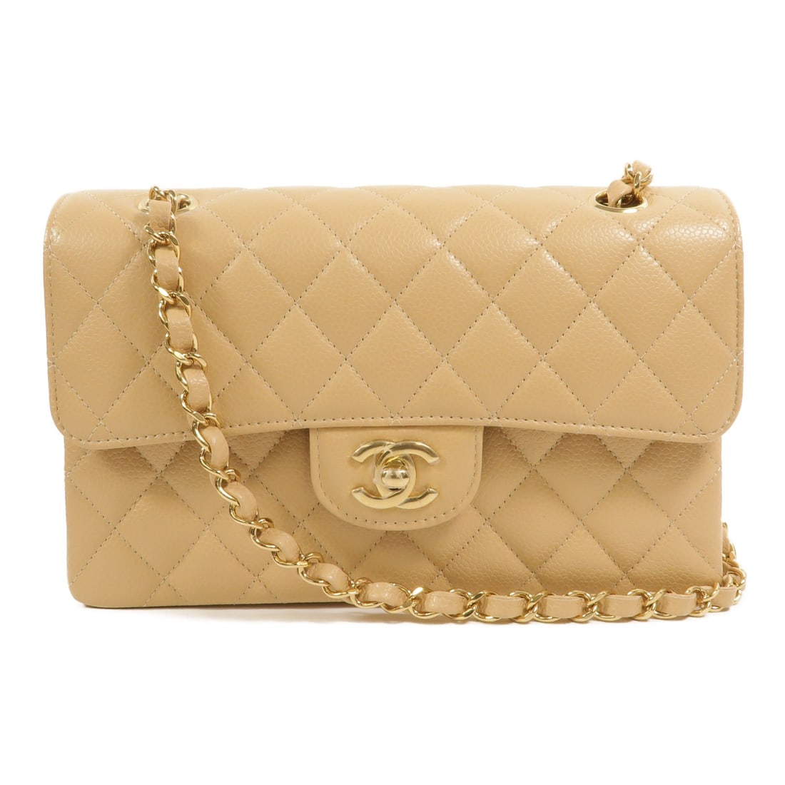 CHANEL A01113 Classic 23 Beige Calfskin Chain Shoulder Bag: CHANEL A01113 Classic 23 Beige Calfskin Chain Shoulder Bag A CHANEL Classic 23 chain shoulder bag in beige calfskin leather with gold-tone CC hardware. The bag features a turn-lock closure and multipl
