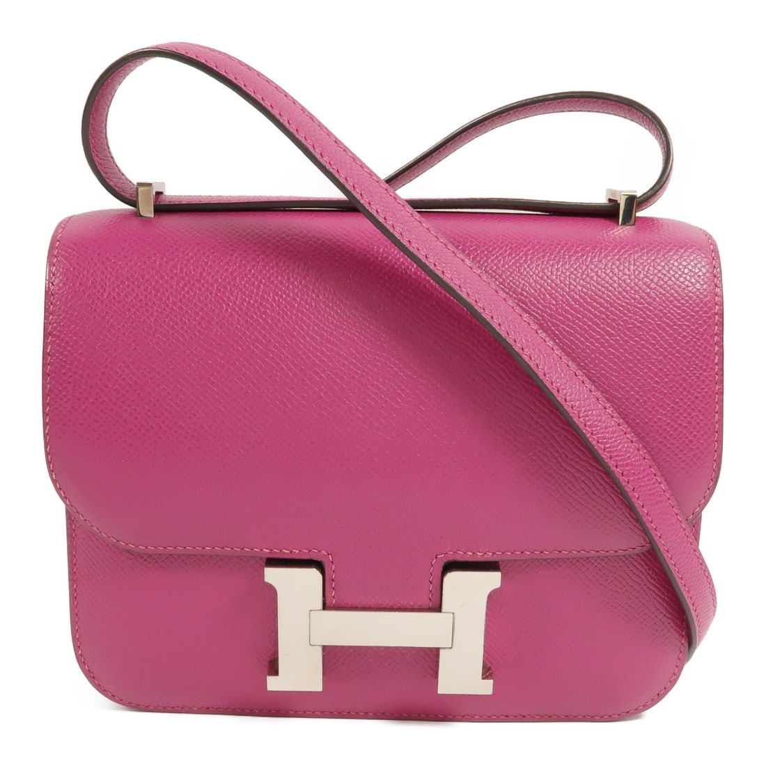 Hermes Constance Mini Epsom Calfskin Shoulder Bag Rose Pourpre PHW: Hermes Constance Mini Epsom Calfskin Shoulder Bag Rose Pourpre PHW Hermes Constance Mini shoulder bag in Rose Pourpre Epsom calfskin with palladium-tone hardware. This women's bag features a flap clos