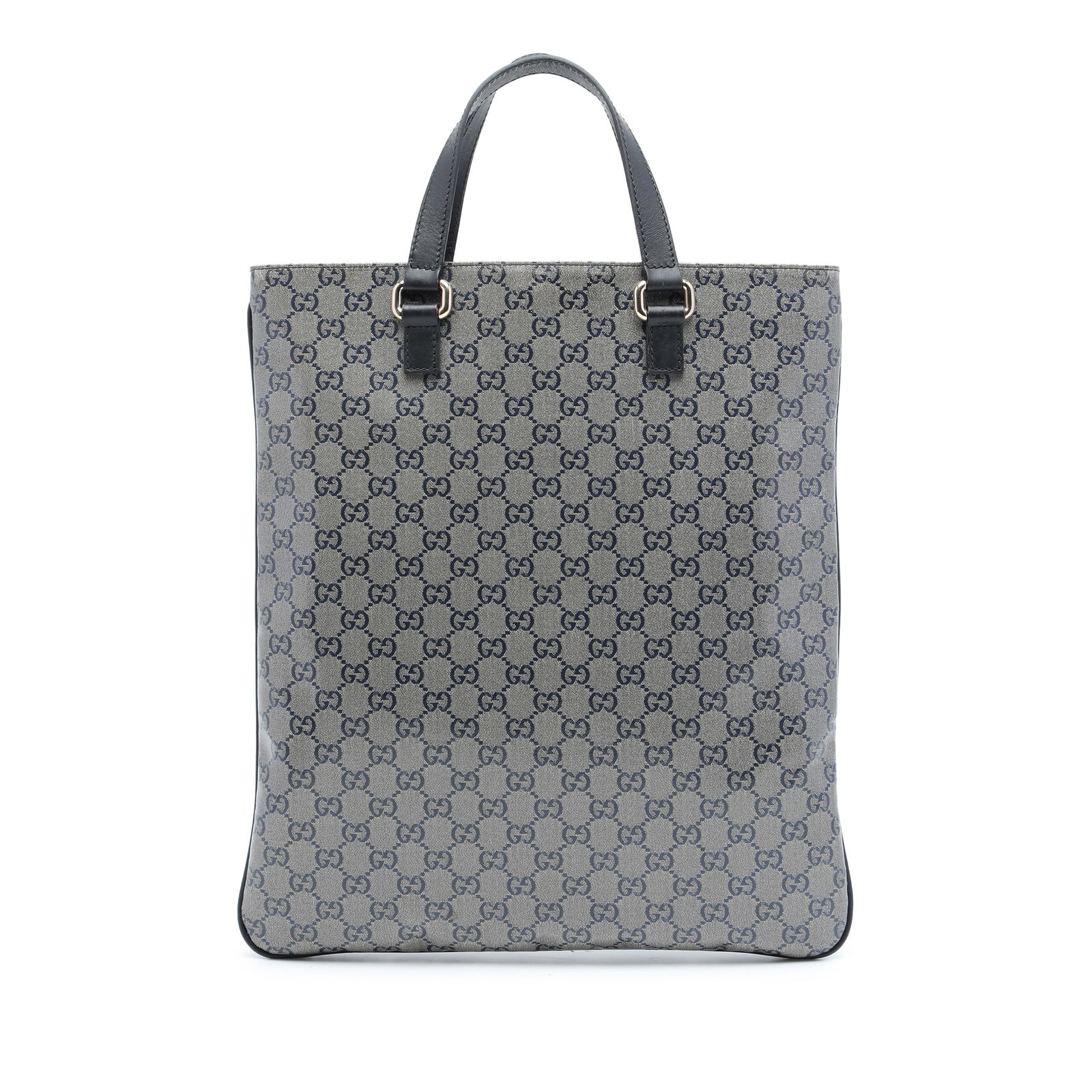 Gucci GG Crystal gray coated canvas tote bag: Gucci GG Crystal gray coated canvas tote bag Gucci GG Crystal Tote in gray with a coated canvas body and flat leather straps. The open top has a magnetic snap closure, and the interior includes a zip 