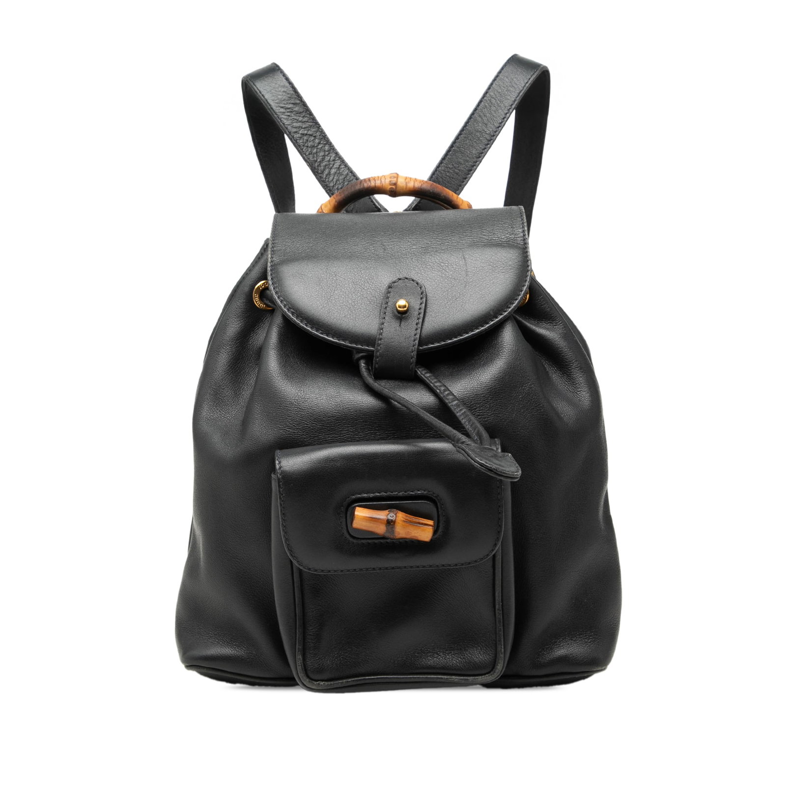 Gucci Bamboo Drawstring Backpack Black Leather Calfskin: Gucci Bamboo Drawstring Backpack Black Leather Calfskin Gucci calfskin bamboo drawstring backpack in black leather with a bamboo top handle, flat leather back straps, a front flap, and a drawstring cl