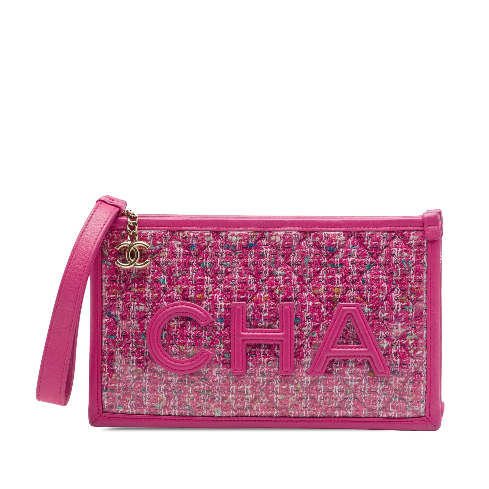 Chanel Logo Wristlet Clutch in Quilted Tweed and PVC: Chanel Logo Wristlet Clutch in Quilted Tweed and PVC Chanel wristlet clutch in pink quilted tweed with a PVC-covered exterior and leather trim. The design includes a flat leather wrist strap, top zip 