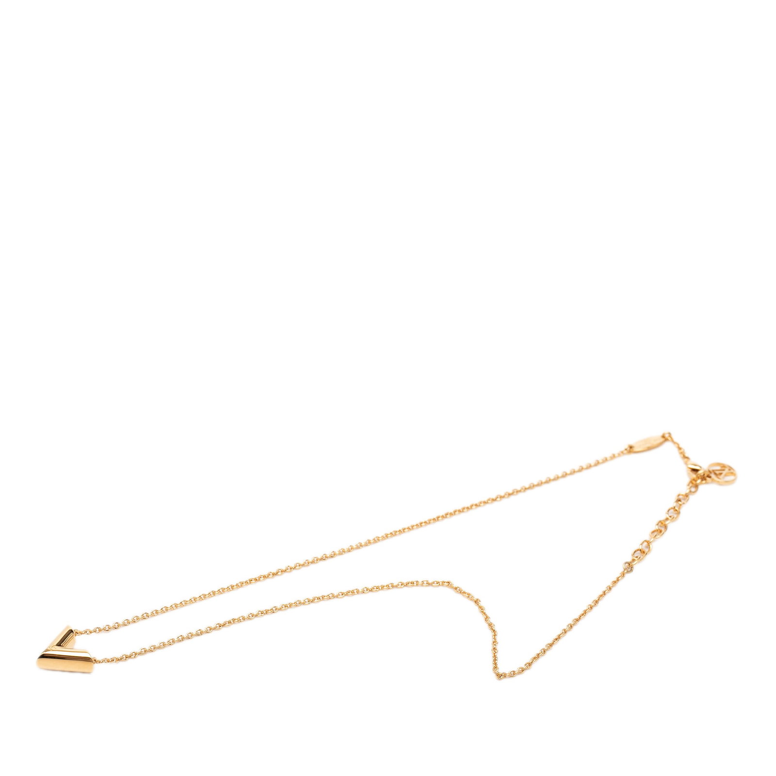Louis Vuitton Essential V Gold Plated Pendant Necklace: Louis Vuitton Essential V Gold Plated Pendant Necklace Gold-plated necklace with a V pendant and lobster clasp closure. It is identified as a Louis Vuitton Essential V Pendant Necklace, made in Italy,