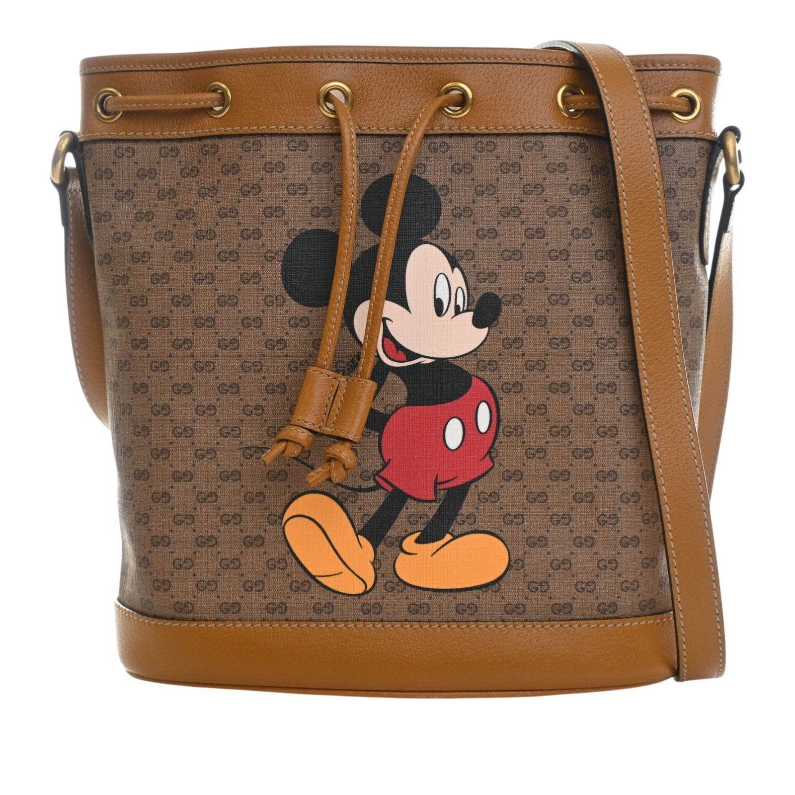 Gucci Mickey Mouse Micro GG Supreme drawstring bucket bag: Gucci Mickey Mouse Micro GG Supreme drawstring bucket bag Gucci Mickey Mouse bucket bag crafted with a coated canvas body and leather trim. It features an adjustable flat leather strap and a drawstrin