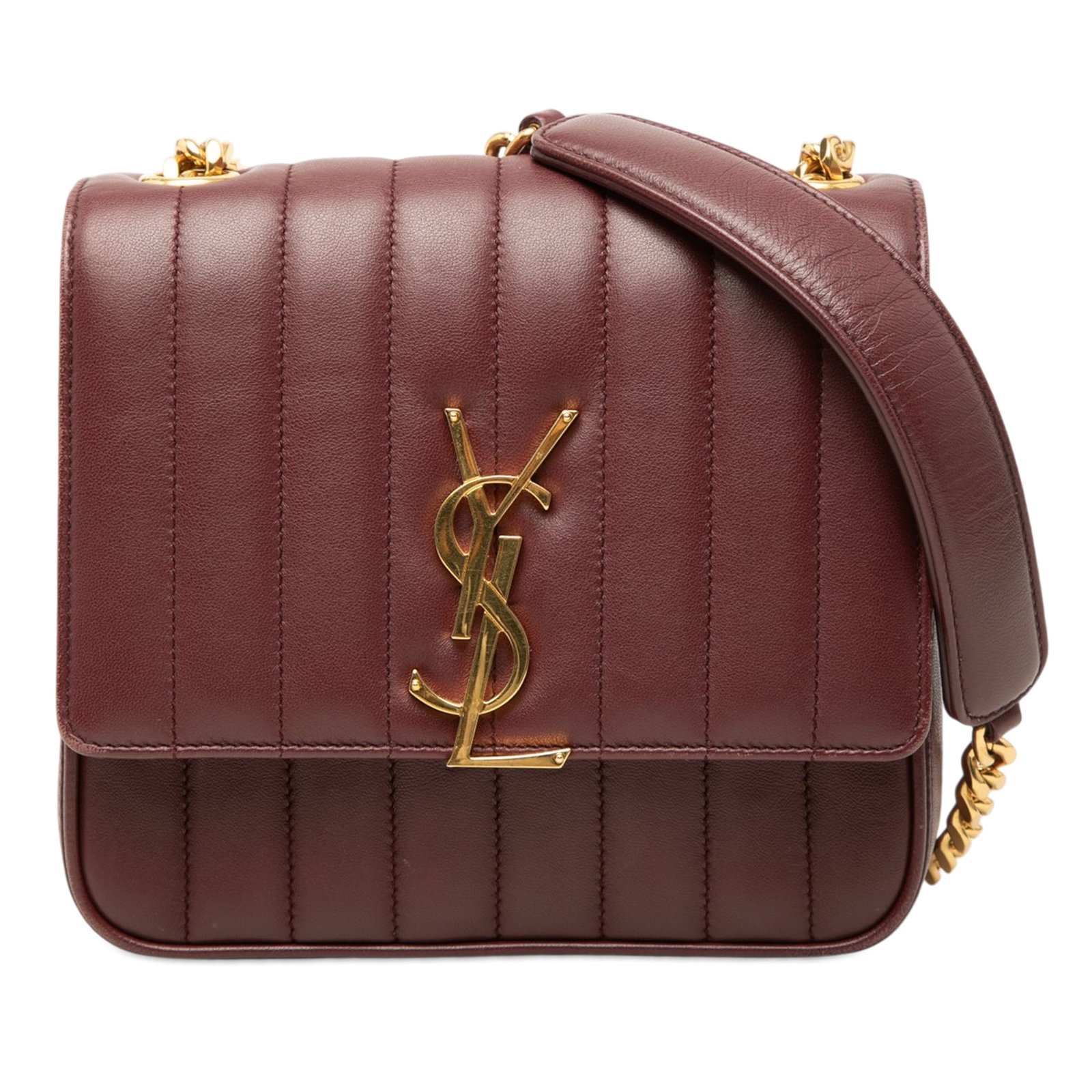 Saint Laurent Vicky Medium Monogram Lambskin Crossbody Bag Red: Saint Laurent Vicky Medium Monogram Lambskin Crossbody Bag Red Saint Laurent Medium Lambskin Monogram Vicky Chain Bag in red lambskin leather with a front flap and snap button closure. The bag feature