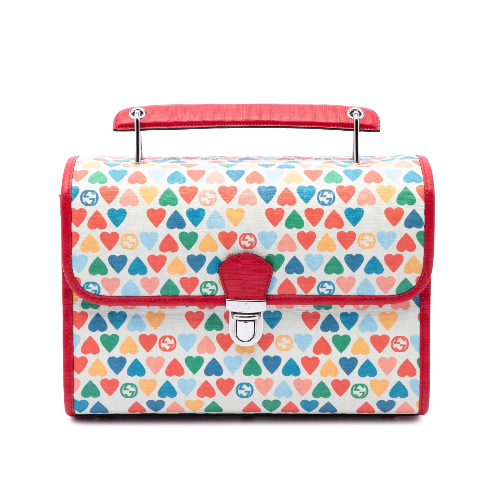 Gucci Childrens Heart Handbag in Coated Canvas: Gucci Childrens Heart Handbag in Coated Canvas Gucci Children's Coated Canvas Heart Handbag with a coated canvas body, flat leather trim, and a flat leather handle. The design includes a front flap wi