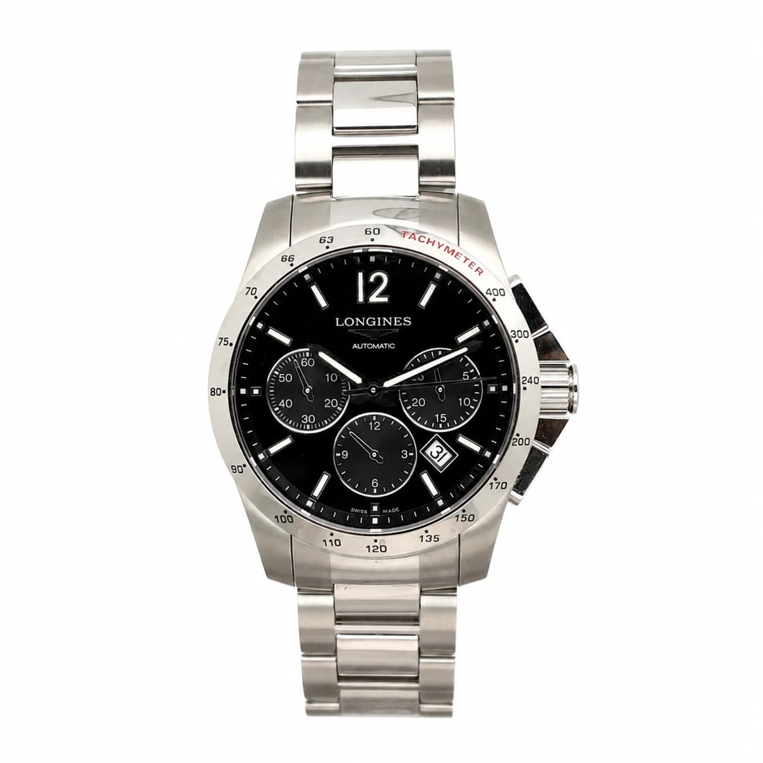 Longines Conquest automatic chronograph watch black dial steel 41mm: Longines Conquest automatic chronograph watch black dial steel 41mm Longines Conquest men's chronograph wristwatch with a black dial and stainless steel bracelet. This automatic Swiss-made watch is un