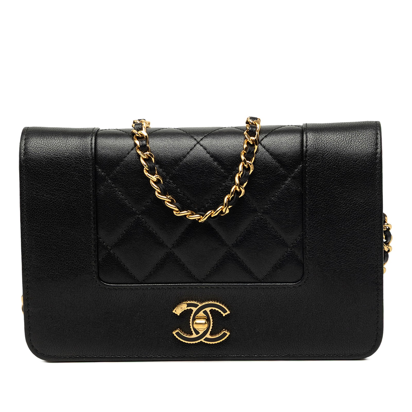 Chanel Mademoiselle Wallet on Chain in Black Quilted Lambskin: Chanel Mademoiselle Wallet on Chain in Black Quilted Lambskin A Chanel Mademoiselle wallet on chain crafted in black quilted lambskin leather. This bag features a leather-woven chain link strap, a fro