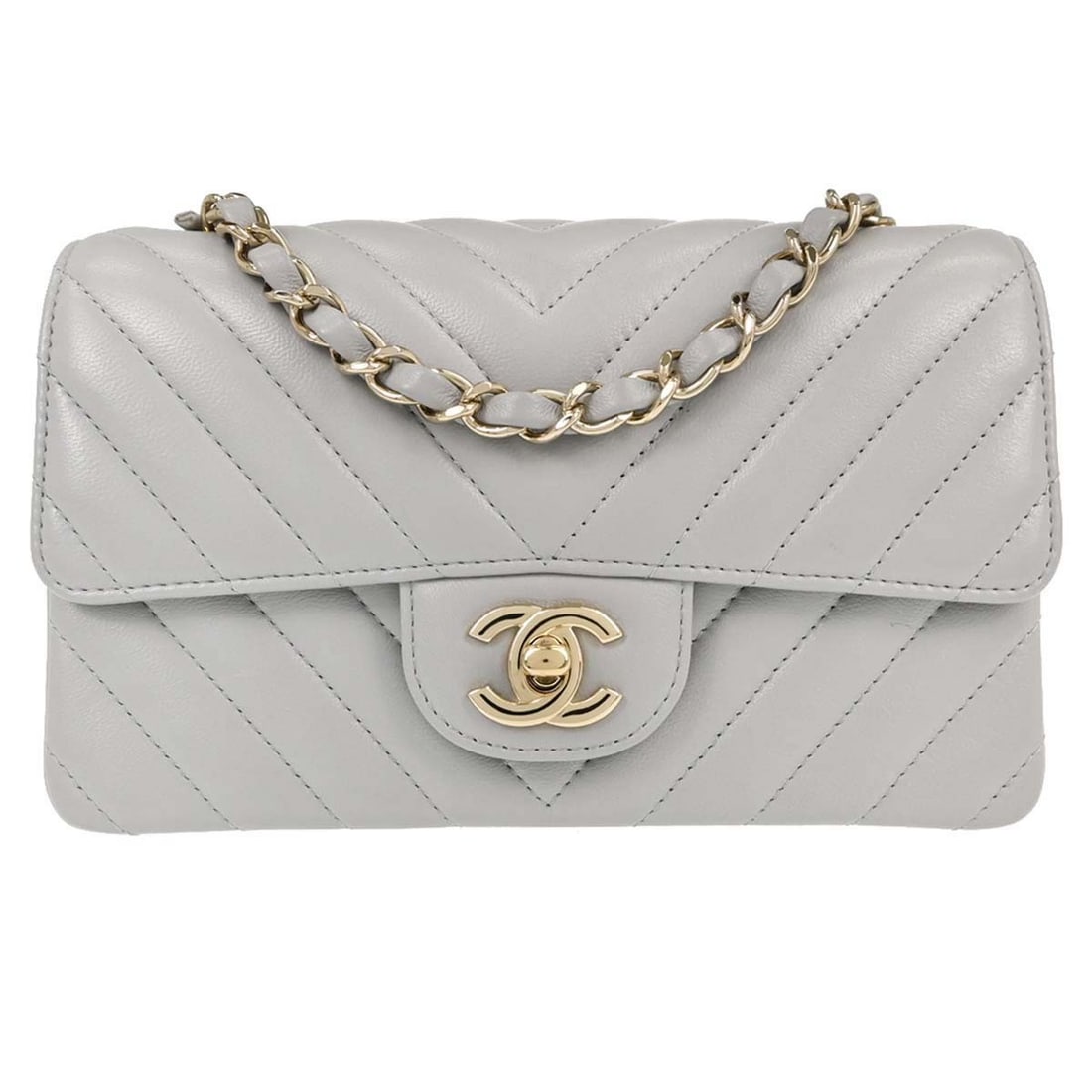 CHANEL Classic Flap Gray Lambskin Shoulder Bag with Chain Strap: CHANEL Classic Flap Gray Lambskin Shoulder Bag with Chain Strap Chanel gray lambskin chevron single flap shoulder bag with a flap turnlock closure, chain crossbody strap, leather lining, and quilted m