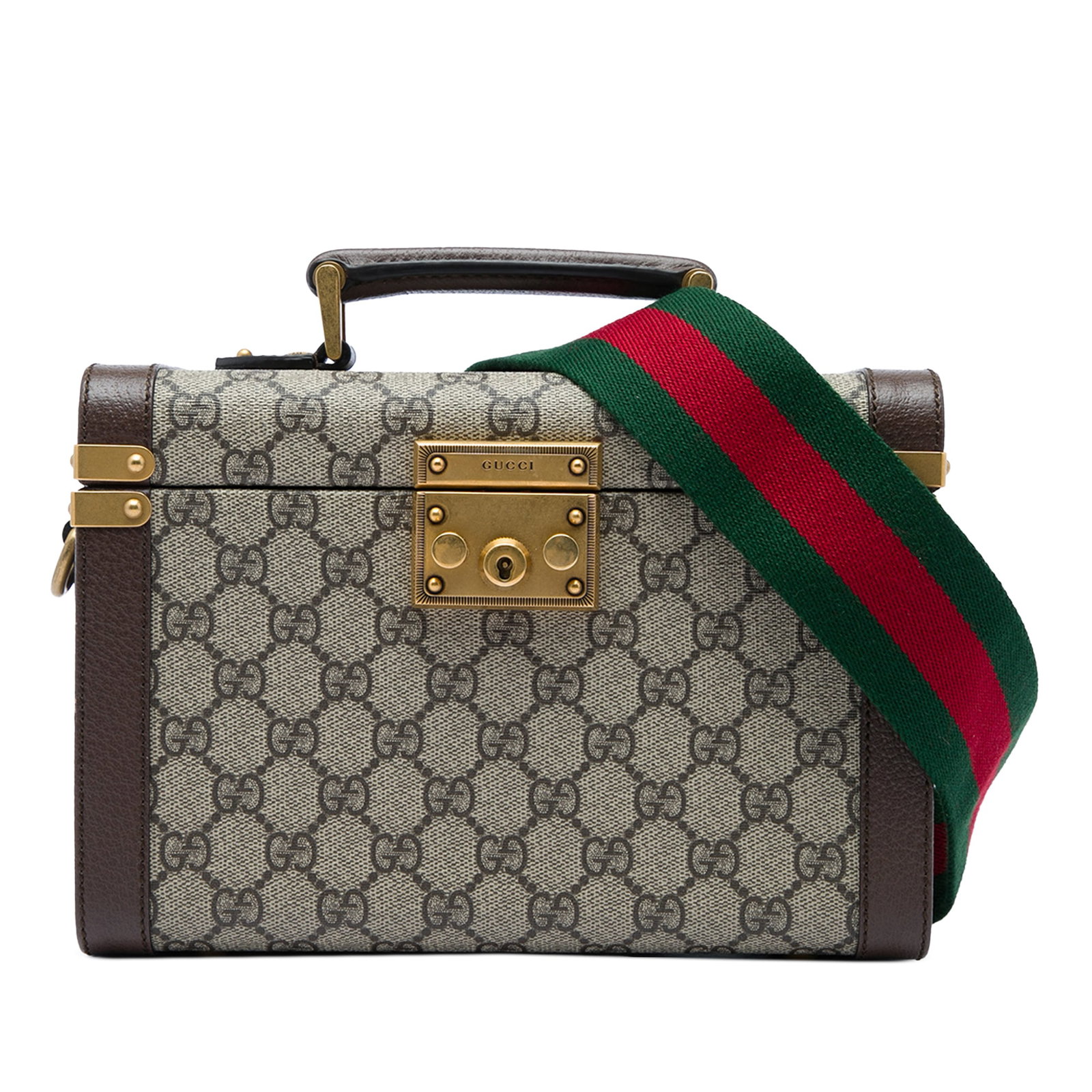 Gucci Savoy GG Supreme Beauty Case with Web Strap: Gucci Savoy GG Supreme Beauty Case with Web Strap Gucci GG Supreme Web Savoy top handle beauty case crafted with a coated canvas body and leather trim. The design includes a leather top handle, a deta