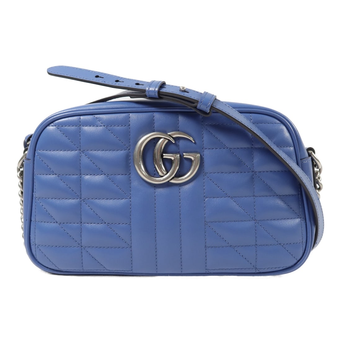 GUCCI GG Marmont Blue Calfskin Chain Shoulder Bag GHW: GUCCI GG Marmont Blue Calfskin Chain Shoulder Bag GHW Gucci GG Marmont chain shoulder bag in blue calfskin leather. This women's shoulder bag is made in Italy and features a chain shoulder strap, an i
