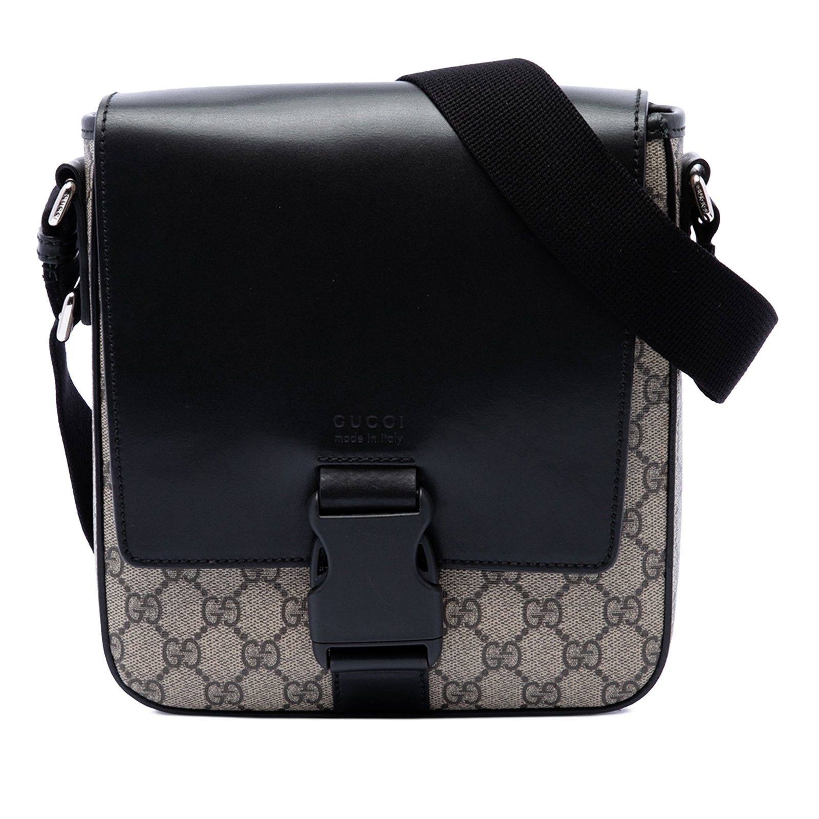 Gucci GG Supreme coated canvas messenger bag with leather flap: Gucci GG Supreme coated canvas messenger bag with leather flap Gucci GG Supreme Flap Messenger Bag with a coated canvas body, adjustable flat strap, and a front leather flap with buckle closure. The i