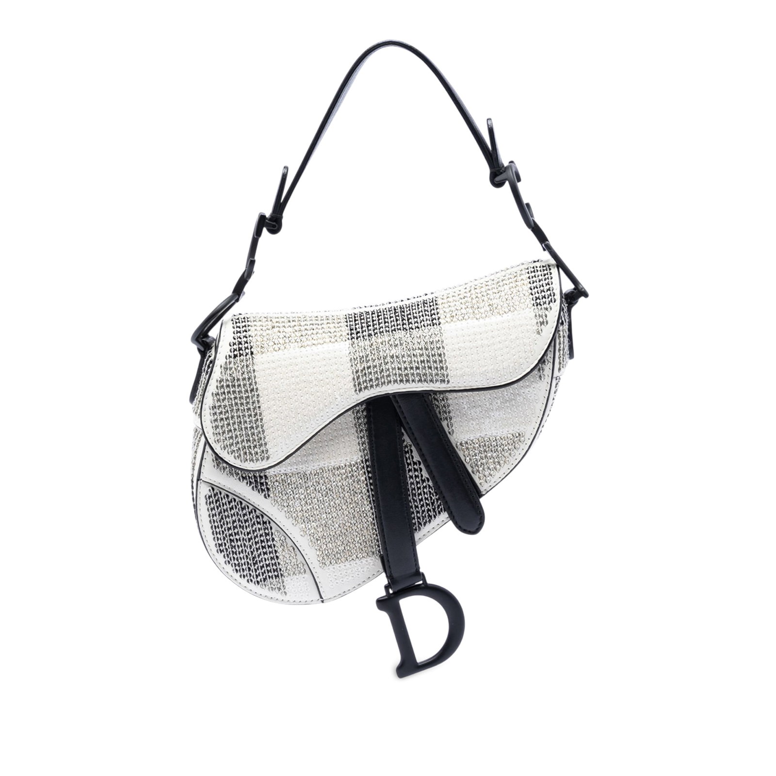 Dior white beaded calfskin mini saddle bag: Dior white beaded calfskin mini saddle bag This Dior Mini Saddle Bag is crafted from calfskin leather and features intricate sequin and bead embellishments. The design includes a flat leather handle, 