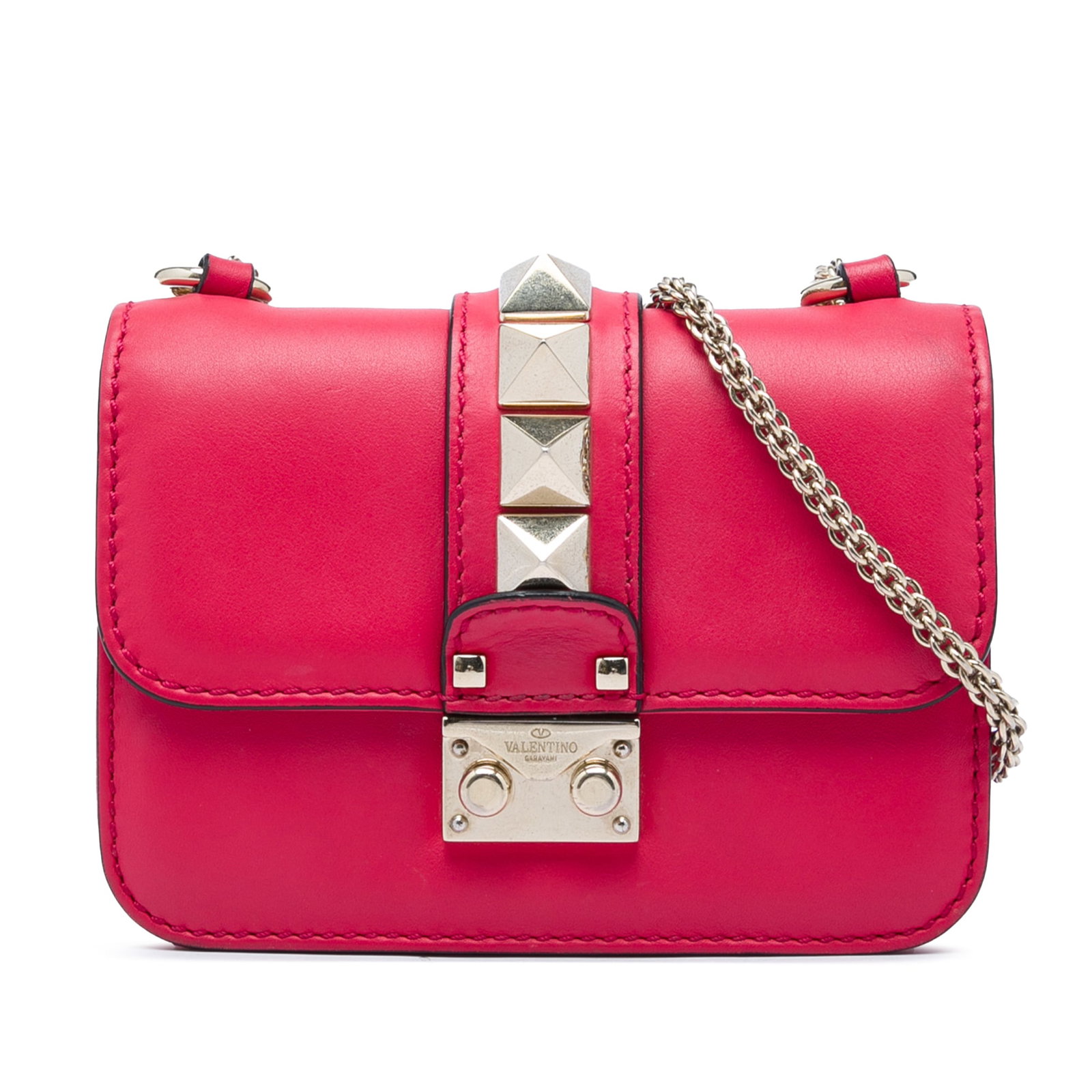 Valentino Rockstud Glam Lock Mini Leather Crossbody Bag Pink: Valentino Rockstud Glam Lock Mini Leather Crossbody Bag Pink Valentino Rockstud Glam Lock mini crossbody bag in pink leather with the signature studded design and a chain link strap. The bag features 