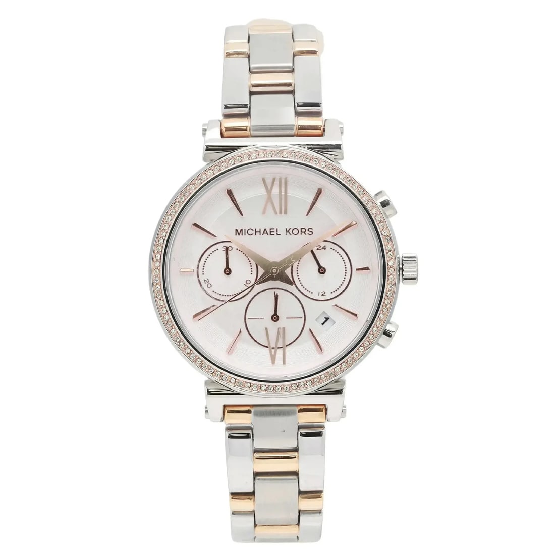 Michael Kors Sofie MK6558 Ladies 39mm Quartz Watch Silver Dial: Michael Kors Sofie MK6558 Ladies 39mm Quartz Watch Silver Dial Michael Kors Sofie ladies quartz wristwatch with a two-tone stainless steel bracelet and silver analog dial. This casual round watch feat