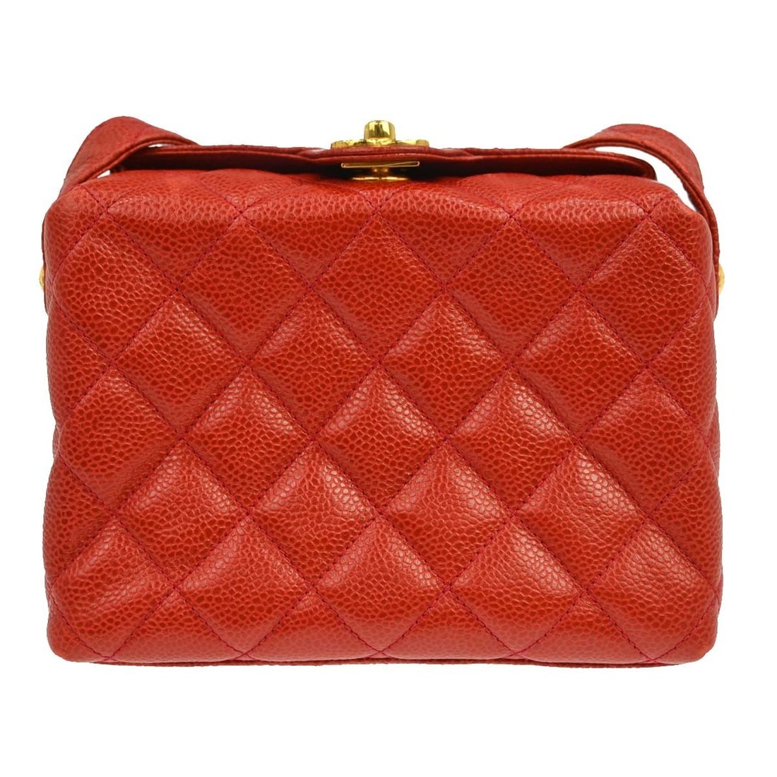 CHANEL Caviar Mini Crossbody Shoulder Bag in Red Leather: CHANEL Caviar Mini Crossbody Shoulder Bag in Red Leather Compact Chanel square shoulder bag in red caviar skin leather with a turn-lock closure and crossbody strap. The bag features one exterior pocke