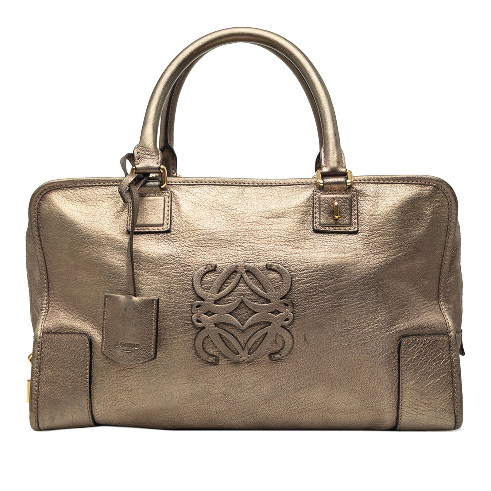 LOEWE Amazona 35 metallic leather handbag: LOEWE Amazona 35 metallic leather handbag The LOEWE Amazona 35 is crafted in metallic leather with rolled leather handles, a top zip closure, and an interior fitted with zip and slip pockets. This bag