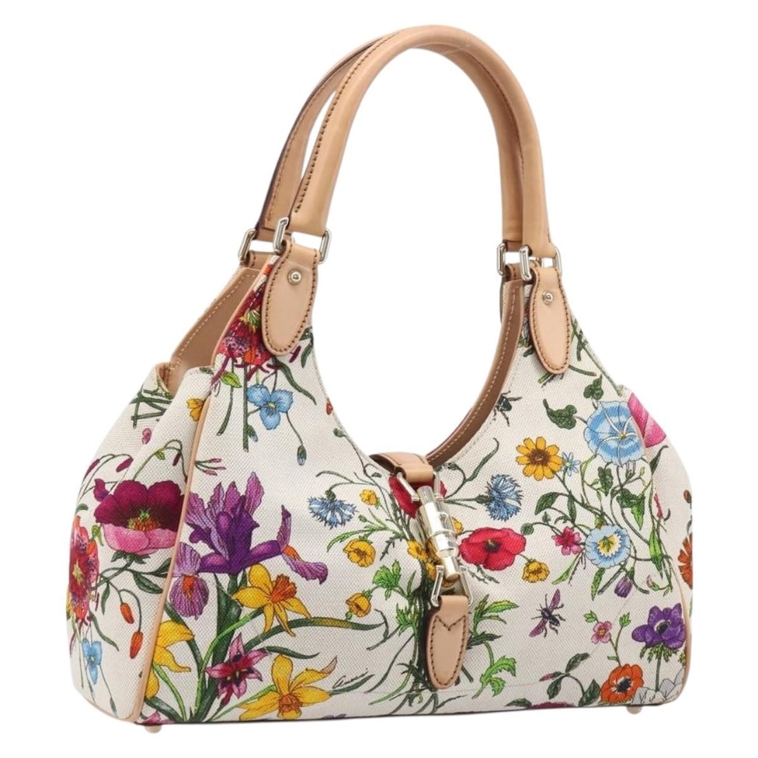 GUCCI 145819 Jackie Flora Canvas Shoulder Bag Multicolor Gold: GUCCI 145819 Jackie Flora Canvas Shoulder Bag Multicolor Gold Gucci Jackie Flora shoulder bag in multicolor canvas with gold-tone accents. This women's shoulder bag is made in Italy and includes a dus