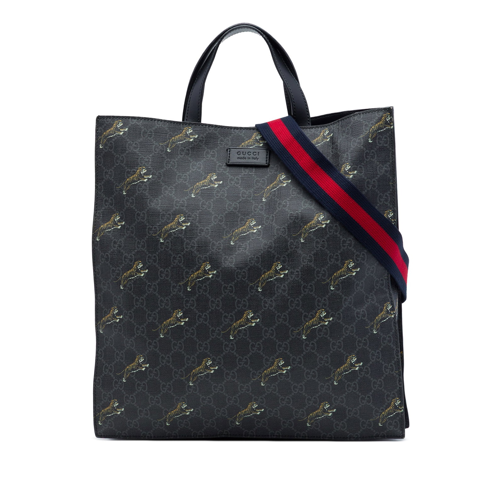 Gucci GG Supreme Tiger Web Soft Convertible Tote Bag: Gucci GG Supreme Tiger Web Soft Convertible Tote Bag A Gucci GG Supreme Web Tiger Convertible Soft Tote crafted with a printed coated canvas body, flat leather handles, and a detachable web canvas sho