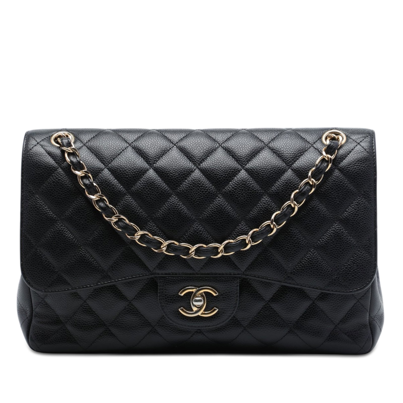 Chanel Jumbo Classic Double Flap Shoulder Bag in Black Caviar Leather: Chanel Jumbo Classic Double Flap Shoulder Bag in Black Caviar Leather A Chanel Jumbo Classic Caviar Double Flap shoulder bag crafted in black quilted caviar leather. It features leather-woven chain st