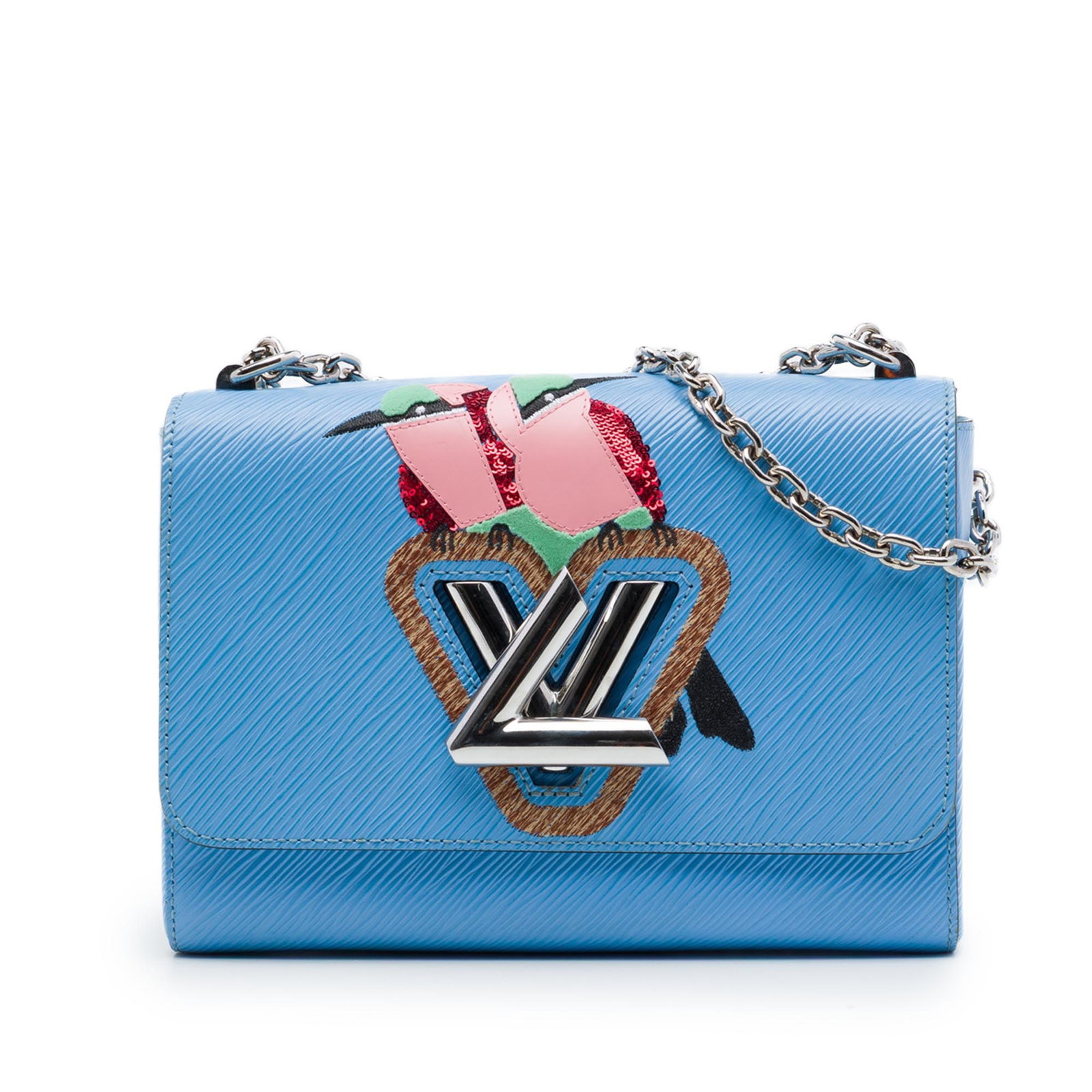 Louis Vuitton Twist MM Epi Early Bird Leather Shoulder Bag: Louis Vuitton Twist MM Epi Early Bird Leather Shoulder Bag A Louis Vuitton Epi Early Bird Twist MM shoulder bag in blue leather with a sequined front flap and LV twist lock closure. The design include
