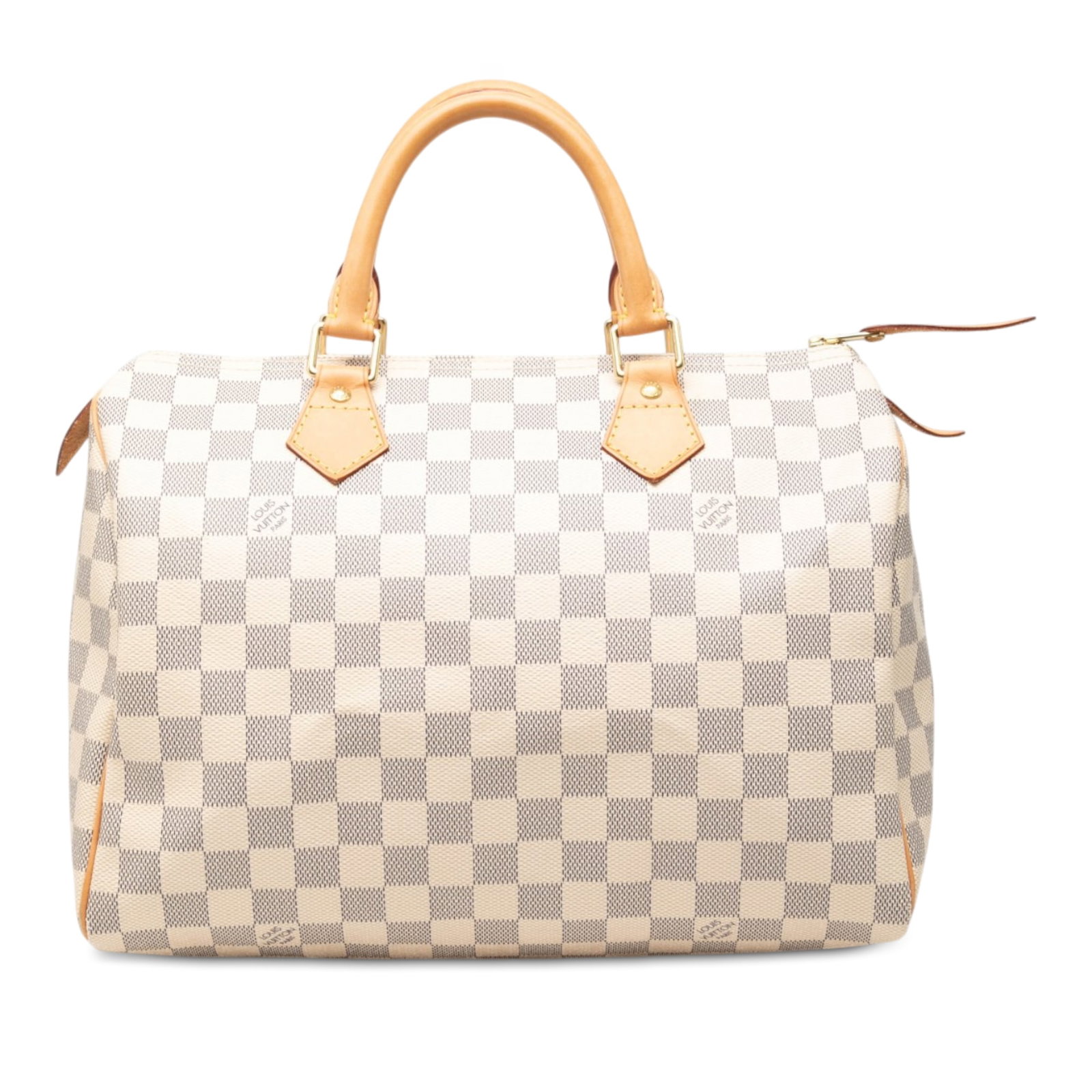 Louis Vuitton Speedy 30 Damier Azur handbag: Louis Vuitton Speedy 30 Damier Azur handbag A Louis Vuitton Damier Azur Speedy 30 handbag crafted with a damier canvas body, rolled vachetta leather handles, a top zip closure, and an interior pocket.