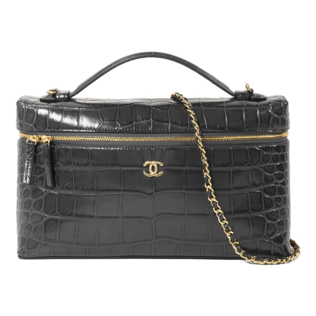 CHANEL AS6473 Vanity Case Shoulder Bag Gray Calfskin CC GHW: CHANEL AS6473 Vanity Case Shoulder Bag Gray Calfskin CC GHW Chanel CC vanity case in gray calfskin leather with a 2-way chain shoulder design. This women's shoulder bag features card slots inside and 
