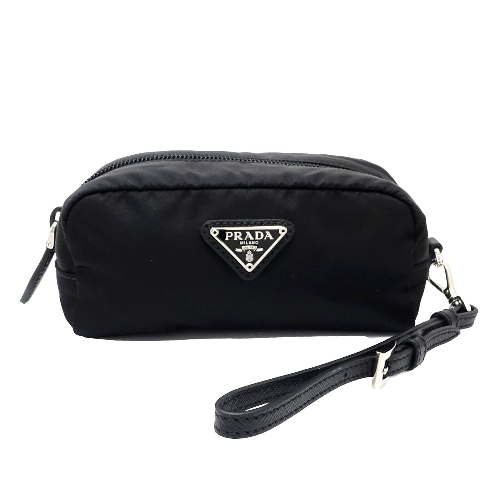 Prada Tessuto Nylon Wristlet Cosmetic Pouch Black: Prada Tessuto Nylon Wristlet Cosmetic Pouch Black Prada Tessuto Cosmetic Pouch in black nylon with a detachable flat leather wrist strap, top zip closure, and an interior zip pocket. Made in Italy. Co