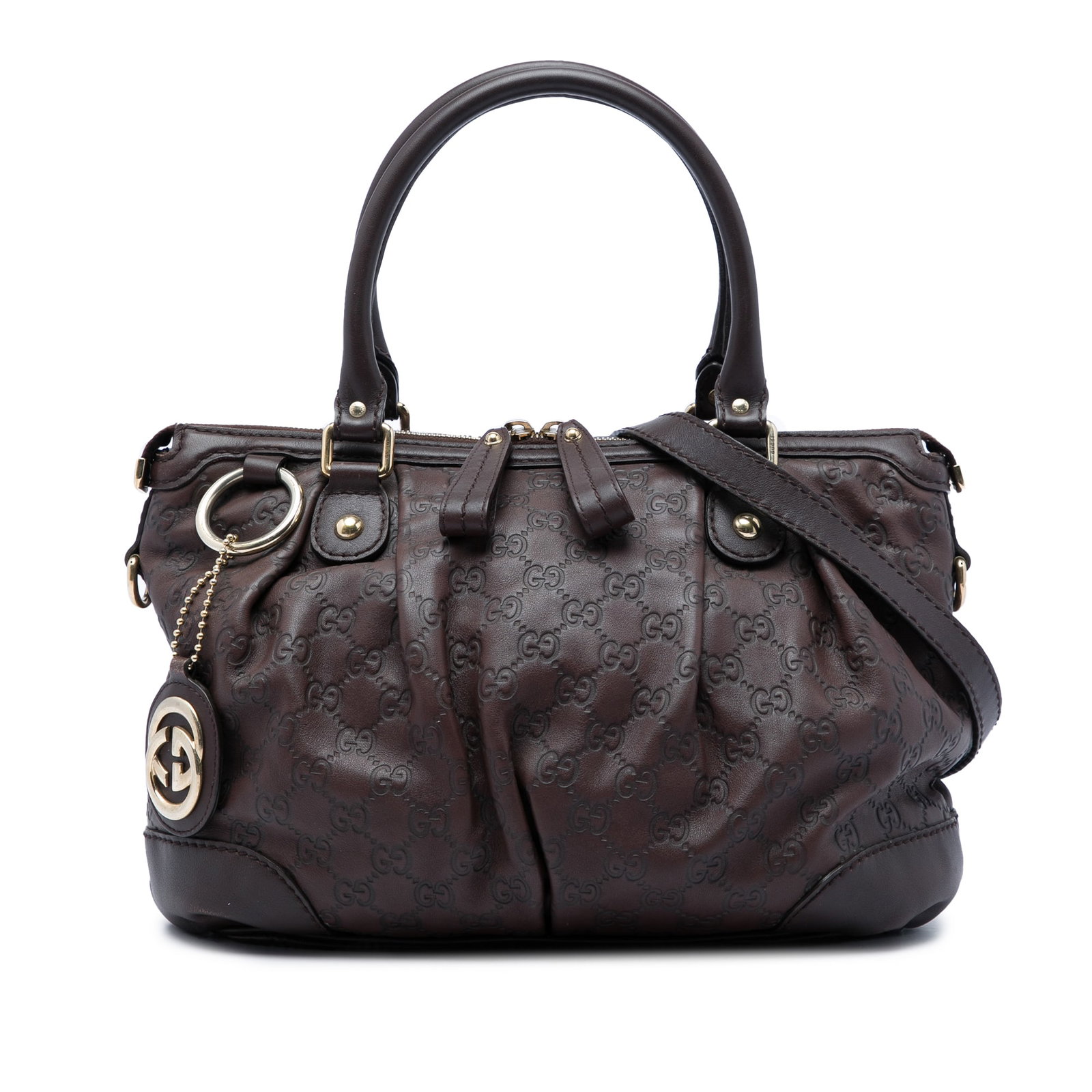 Gucci Guccissima Sukey Leather Satchel Bag Brown: Gucci Guccissima Sukey Leather Satchel Bag Brown A Gucci Guccissima Sukey satchel crafted in brown embossed leather with rolled leather handles and a detachable flat leather strap. The bag features a 