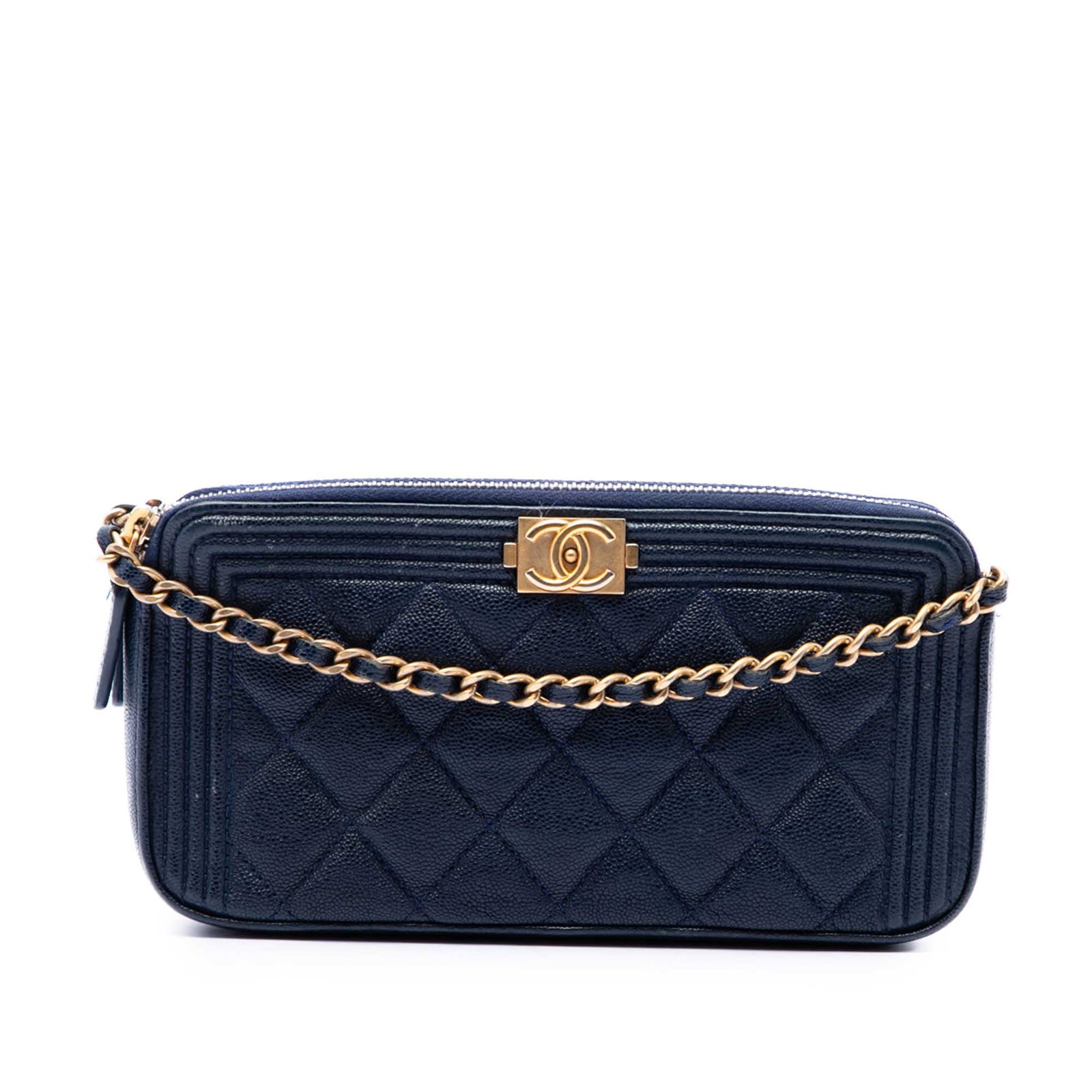 Chanel Boy Double Zip Wallet on Chain in Blue Caviar Leather: Chanel Boy Double Zip Wallet on Chain in Blue Caviar Leather A Chanel Boy wallet on chain crafted in blue quilted caviar leather. This piece features a leather-woven chain link strap, two zip compartm