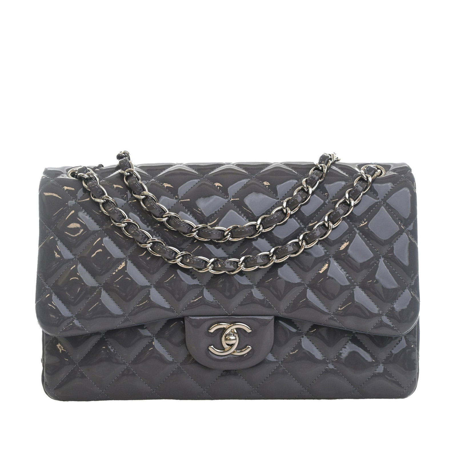 Chanel Jumbo Classic Double Flap Gray Striped Patent Leather Bag: Chanel Jumbo Classic Double Flap Gray Striped Patent Leather Bag A Chanel Jumbo Classic Striped Patent Double Flap bag in gray patent leather. This flap bag features quilted construction, leather-wove
