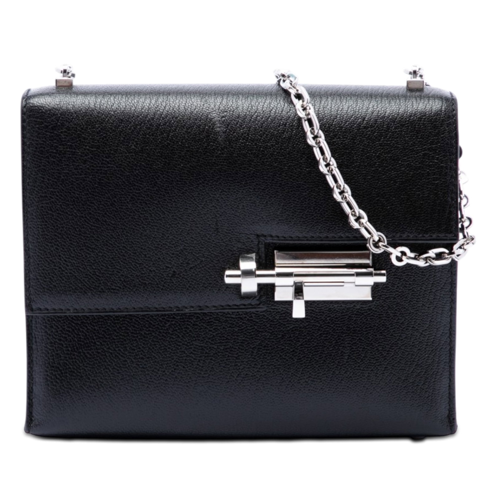 Hermes Verrou Chaine Mini Bag in Black Chevre Mysore Leather: Hermes Verrou Chaine Mini Bag in Black Chevre Mysore Leather Hermes Mini Verrou Chaine shoulder bag crafted in Chevre Mysore leather with a structured silhouette and elegant chain-link strap. The desi