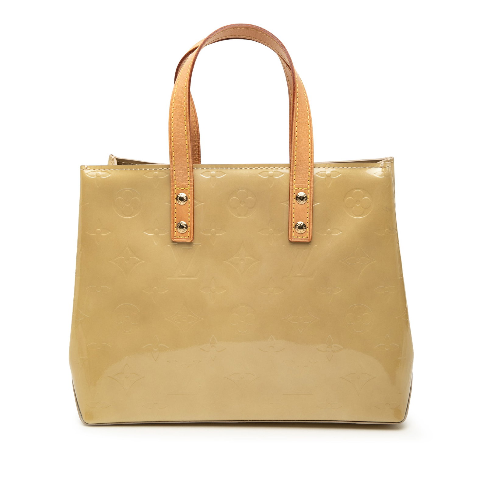 Louis Vuitton Reade PM Monogram Vernis Leather Handbag: Louis Vuitton Reade PM Monogram Vernis Leather Handbag A compact Louis Vuitton Reade PM tote crafted in beige Monogram Vernis leather with flat vachetta leather handles. The open-top design includes a