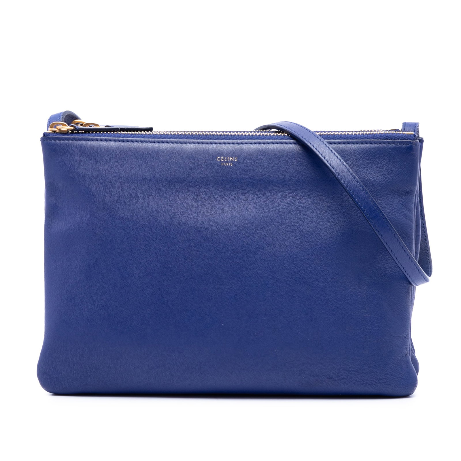 Celine Trio Large Lambskin Leather Crossbody Bag Blue: Celine Trio Large Lambskin Leather Crossbody Bag Blue A Celine Large Trio crossbody bag crafted in blue lambskin leather. This design features a flat shoulder strap and three compartments with top zip