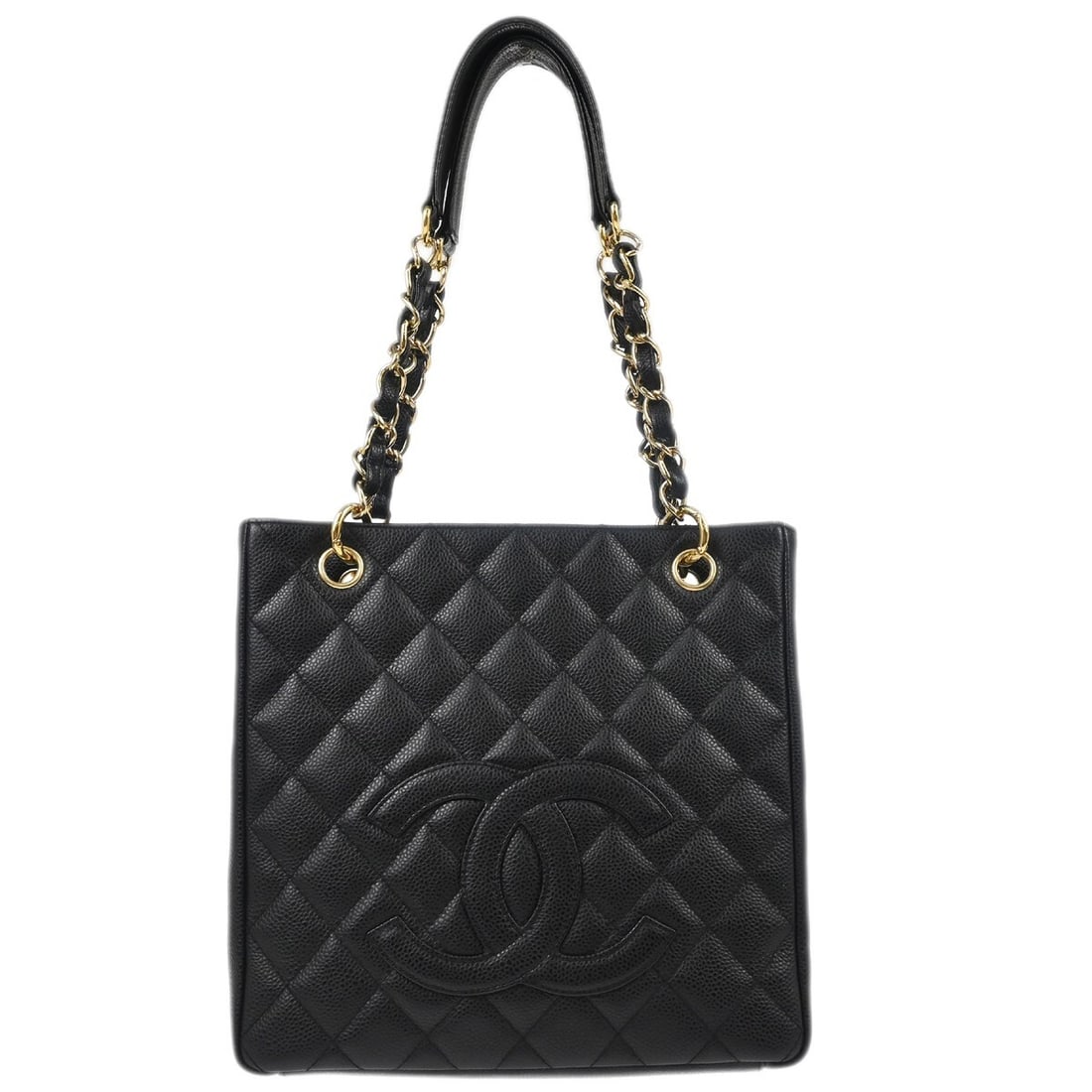 CHANEL Petite Shopping Tote black caviar leather chain strap bag: CHANEL Petite Shopping Tote black caviar leather chain strap bag Chanel Petite Shopping Tote PST chain handbag in black caviar skin leather with a quilted exterior and magnetic closure. This medium to