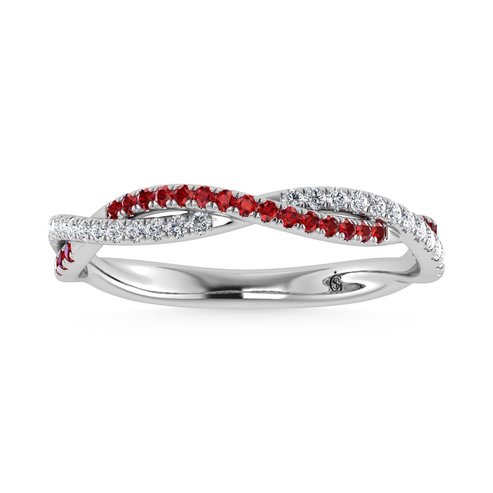 14K White Gold Diamond 1/4 Ct. Tw. Diamond and Ruby Band: 14K White Gold Diamond 1/4 Ct. Tw. Diamond and Ruby Band 14k White Gold Stone Color: G-h Stone Clarity: Si3 Each ring is presented in standard size 6.5. Complimentary resizing is available between siz