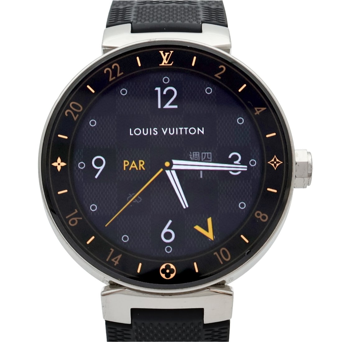 Louis Vuitton QA003 Tambour Horizon mens smartwatch in black steel: Louis Vuitton QA003 Tambour Horizon mens smartwatch in black steel Louis Vuitton Tambour Horizon digital smart watch in black with a stainless steel case and a rubber belt. This men's wristwatch comes