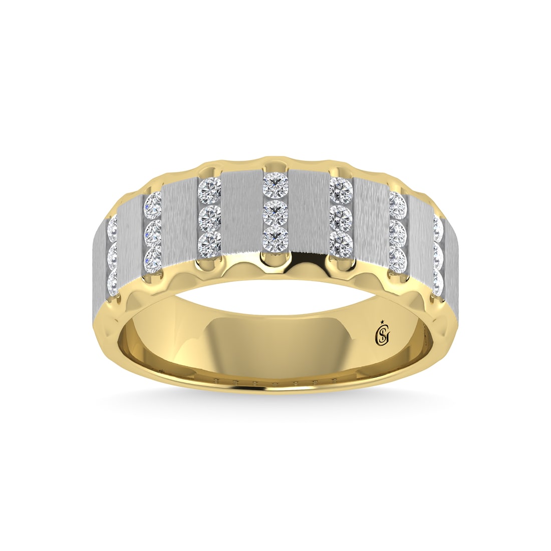 14K Two Tone Diamond 1/2 Ct.Tw. Mens Machine Fusion Band: 14K Two Tone Diamond 1/2 Ct.Tw. Mens Machine Fusion Band 14k Two Tone Stone Color: G-h Stone Clarity: I1-i2 Each ring is presented in standard size 6.5. Complimentary resizing is available between siz
