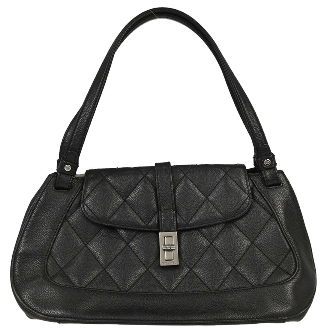 CHANEL Mademoiselle Lock Top Handle Bag Black Caviar Leather: CHANEL Mademoiselle Lock Top Handle Bag Black Caviar Leather Chanel Mademoiselle lock handbag in black caviar skin leather with a top handle silhouette and turn-lock closure. The bag features logo acc