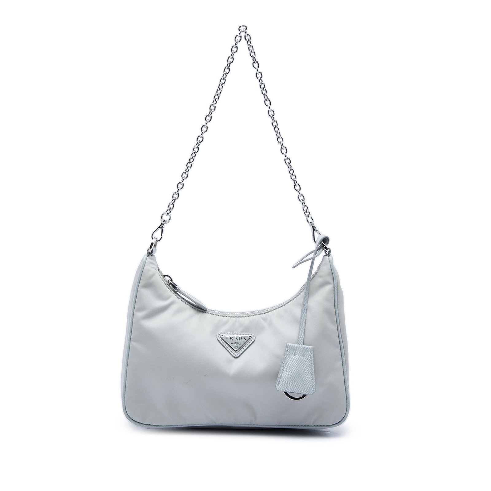 Prada Re Edition 2005 Re Nylon Satchel Gray: Prada Re Edition 2005 Re Nylon Satchel Gray Prada Re Nylon Re Edition 2005 satchel in gray fabric with a nylon body, detachable silver tone chain handle, and top zip closure. Made in Italy. Condition 