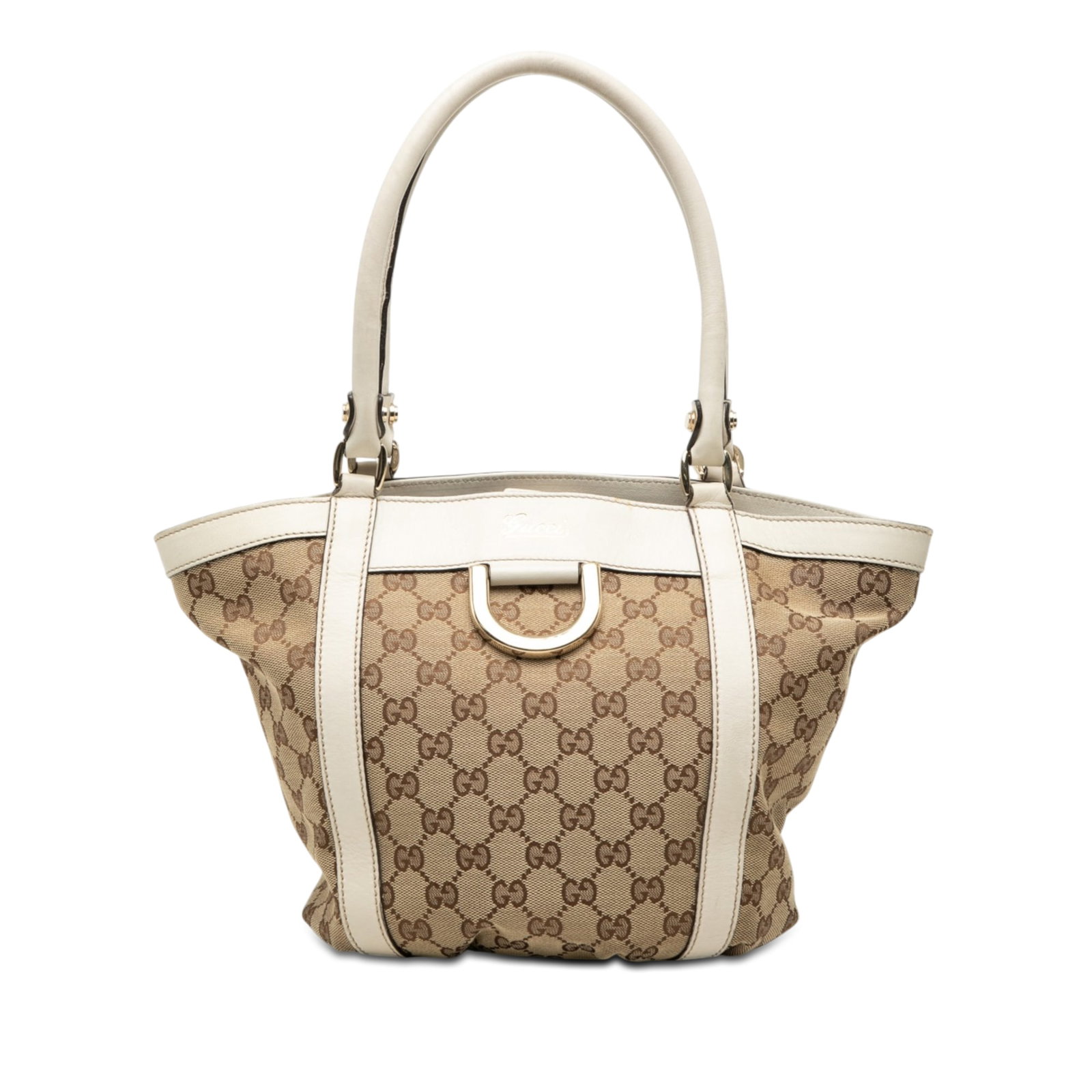 Gucci Abbey D Ring Beige GG Canvas Handbag: Gucci Abbey D Ring Beige GG Canvas Handbag Gucci Abbey D-Ring handbag in beige GG canvas with leather trim and rolled leather handles. The bag features an open top with magnetic snap closure, along wi