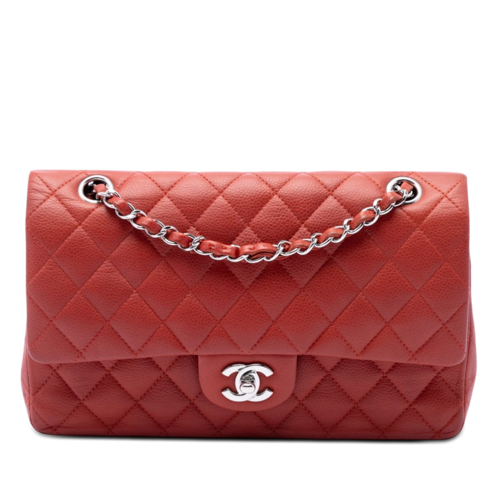 Chanel Medium Classic Double Flap Shoulder Bag Red Caviar Leather: Chanel Medium Classic Double Flap Shoulder Bag Red Caviar Leather A Chanel Medium Classic Caviar Double Flap shoulder bag in red quilted caviar leather. It features a leather-woven chain strap, double